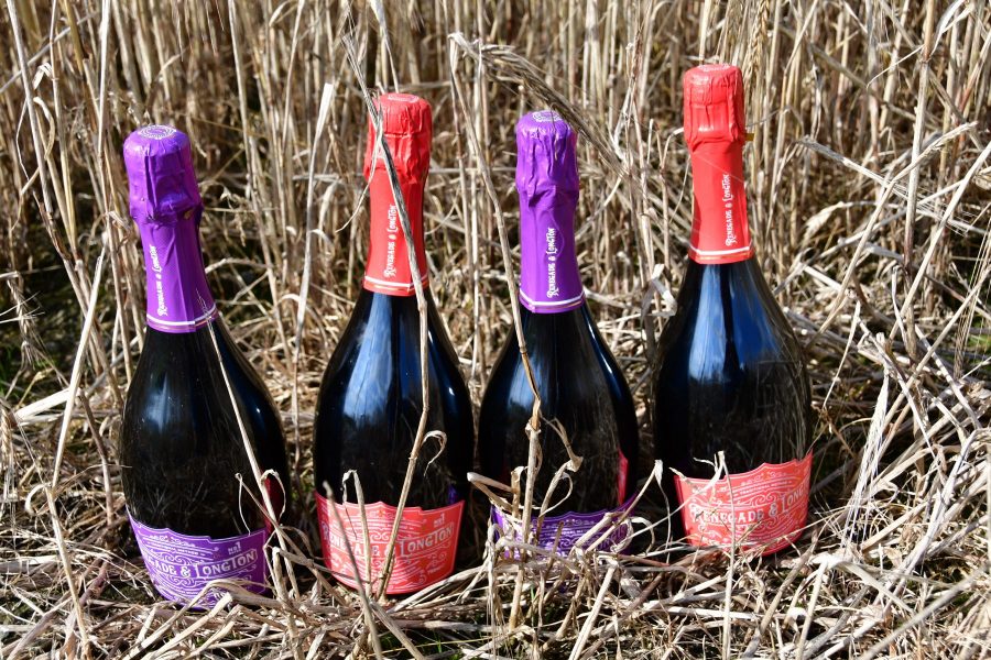 Two bottles of Renegade and Longton Blush elderflower and rhubarb sparkling wine and two bottles of pure elderflower sparkling wine in a field of wheat