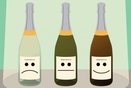 Three bottles with cartoon faces showing the different colours of bottle that can be used for sparkling wine